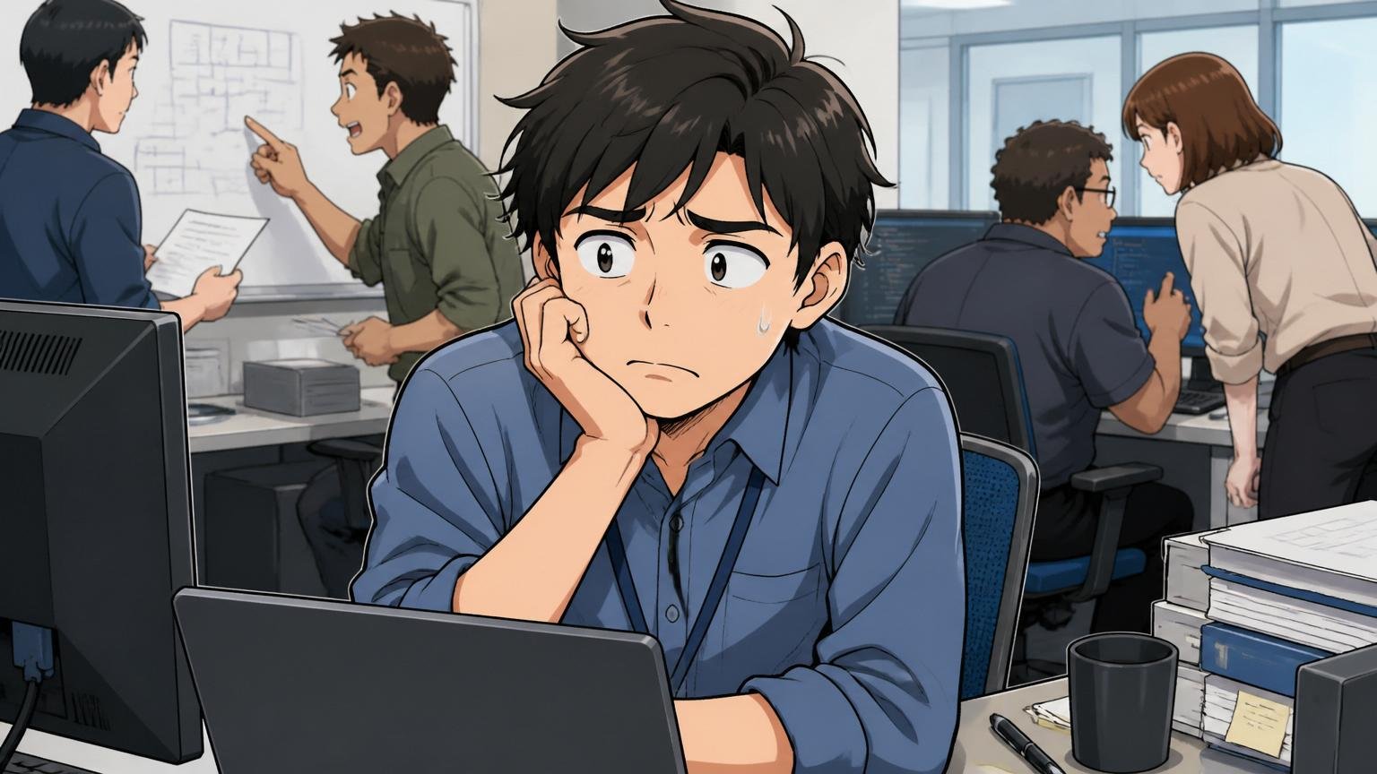 HALに向いていない人。客先常駐の開発現場で指示を待ちながら困り顔をするエンジニア1人