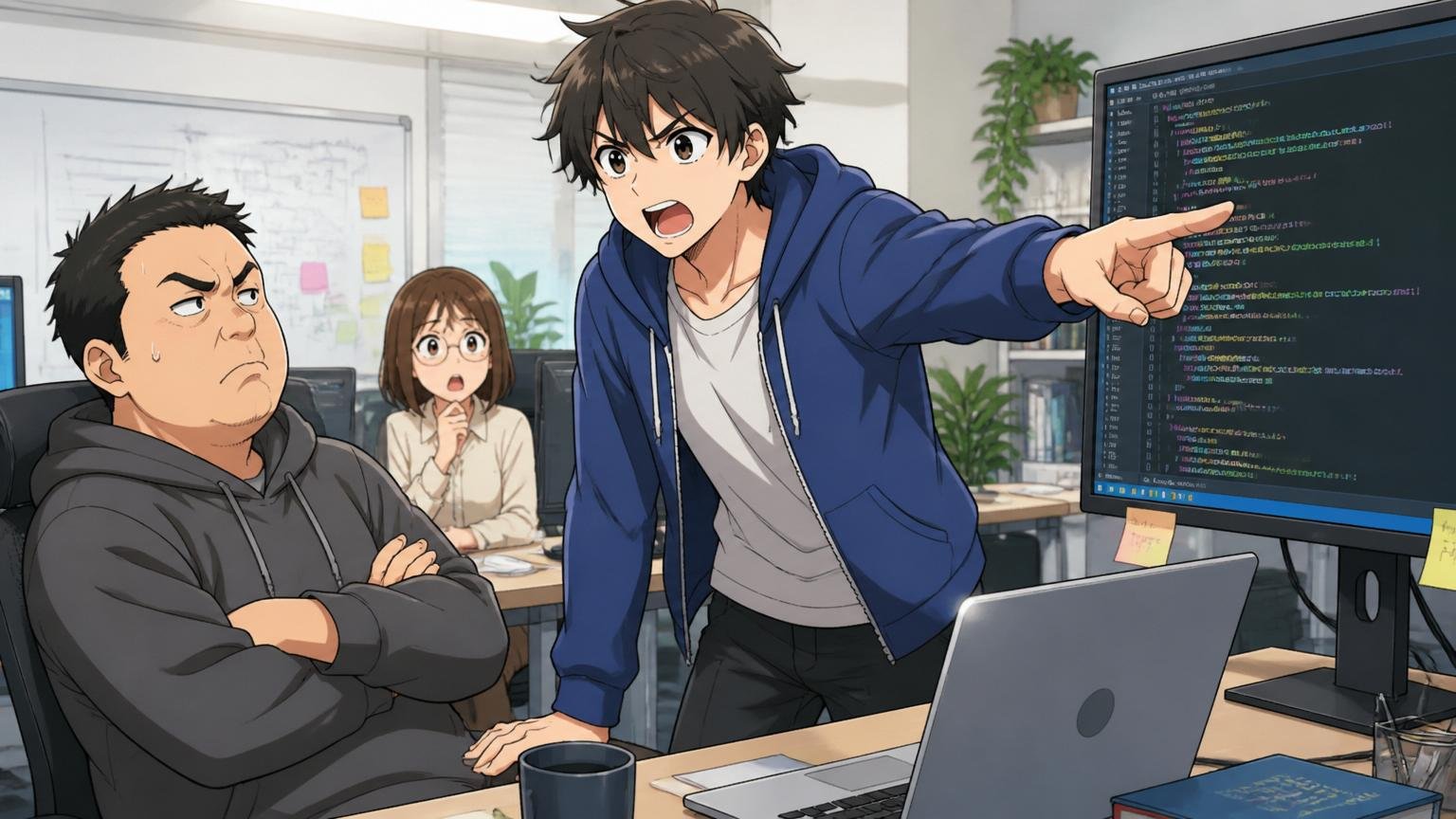 向いていない人。Web系スタートアップのオフィスで若手エンジニアが意欲的に立ち上がりコードを指さす
