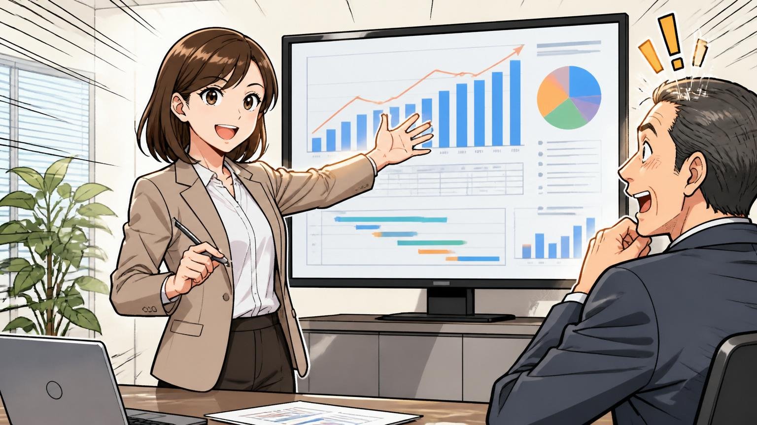 現場で埋もれない立ち回り、客先オフィスで上司に成果を報告する30代女性エンジニア1人
