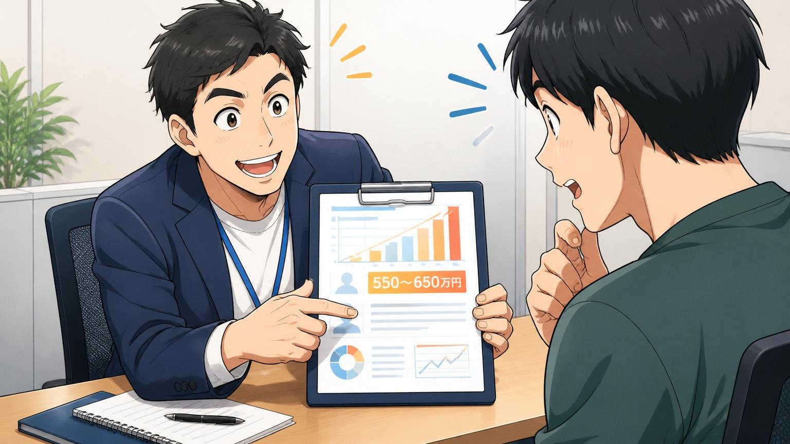 自分の市場価値を客観的に知る、面談ブースでキャリアアドバイザー1人がエンジニア1人に年収診断を見せる