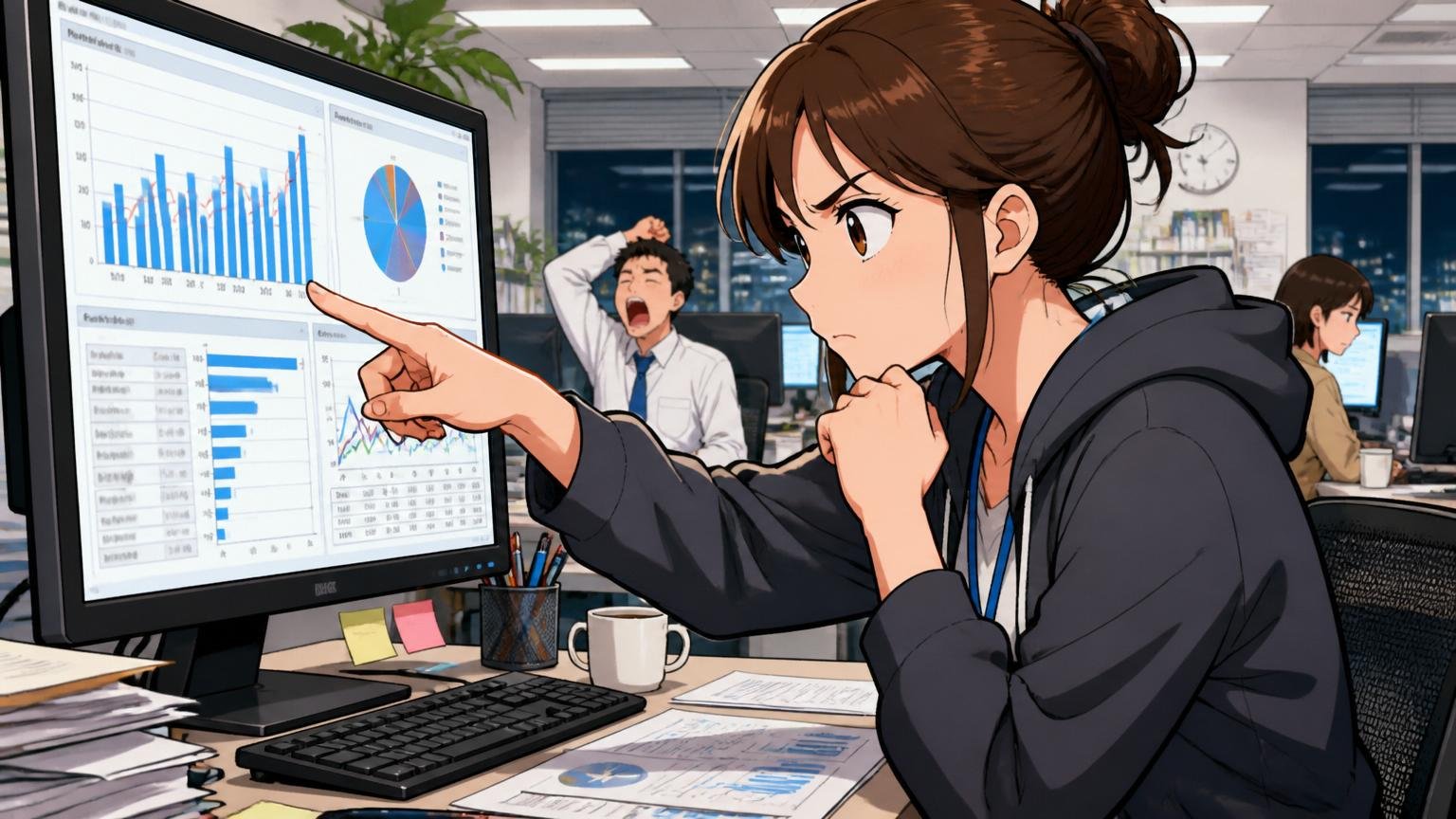 数字を自分の判断軸で読む、企業のデスクで残業や年収データのグラフ画面を真剣に指さして確認する女性エンジニア