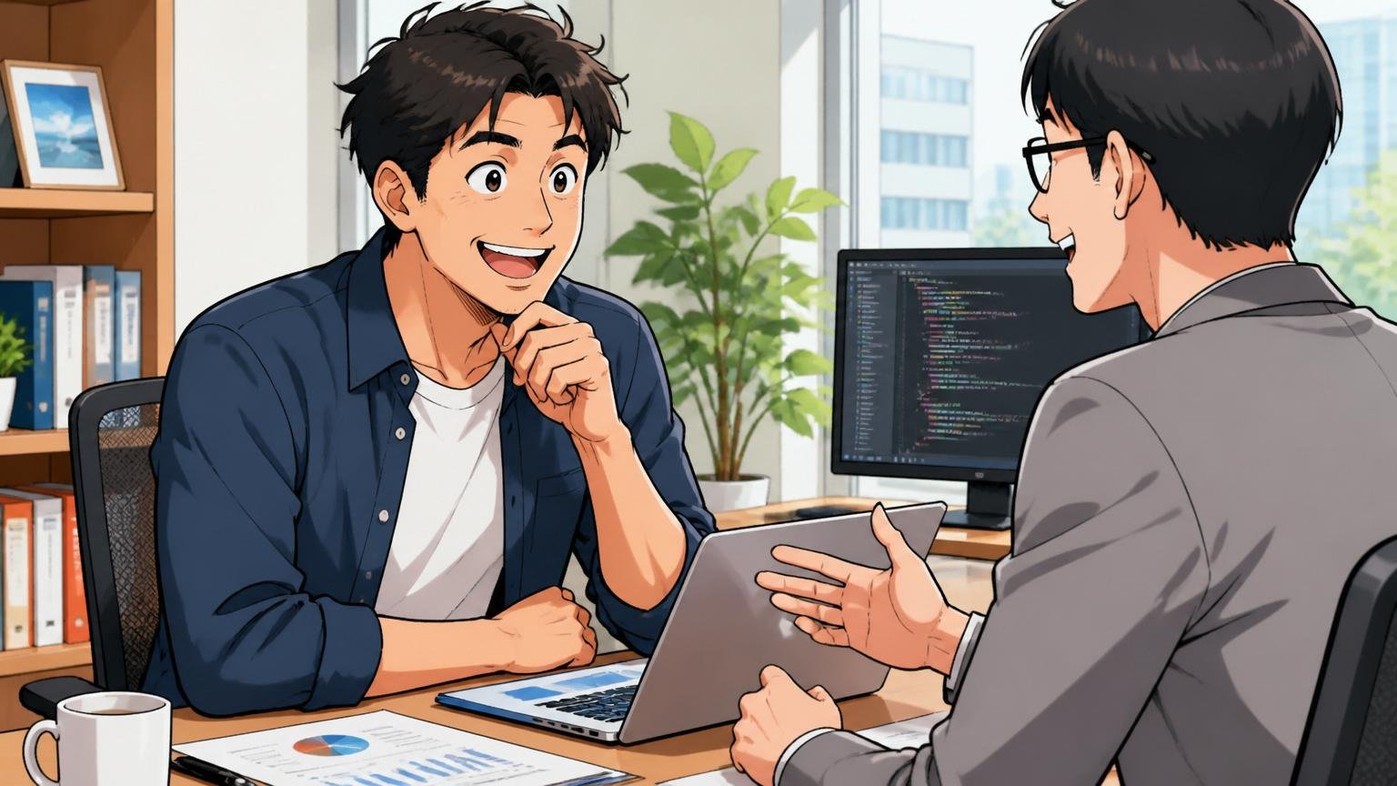 年収相場と求人を無料で確認できる、経験者向けIT特化型エージェント。オフィスでエンジニア出身の担当者と相談する30代エンジニア1人が前向きな表情