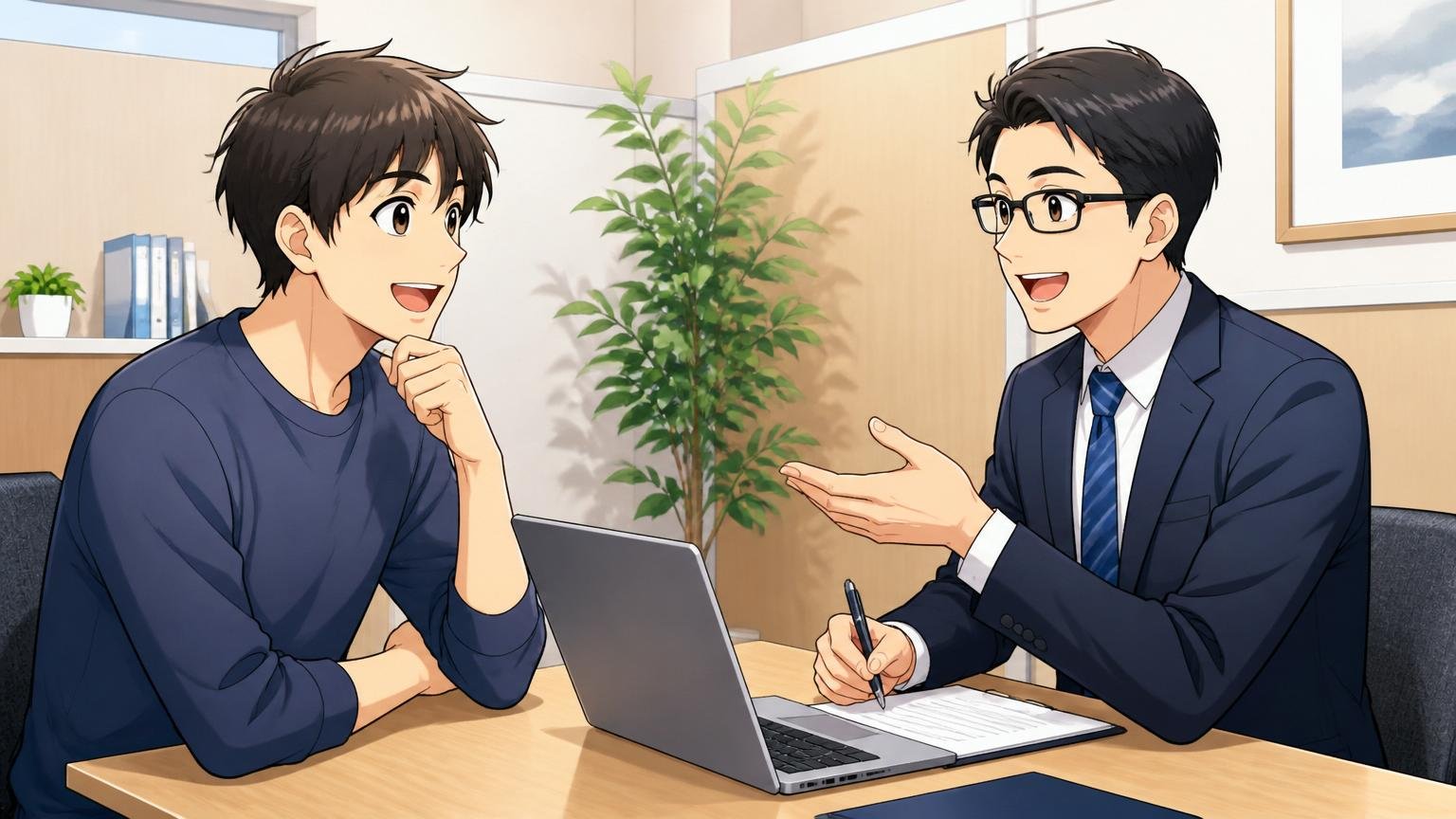 IT経験者向け転職エージェントに無料で相談する 転職エージェントの面談ブースでアドバイザーと相談者2人が和やかに話している