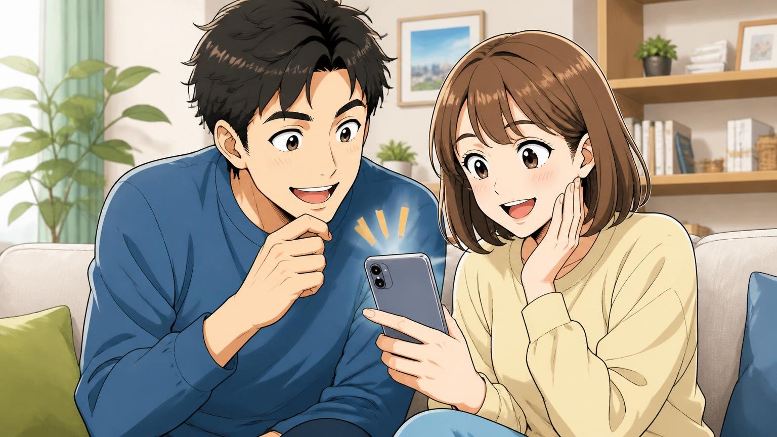 転職の疑問を解消し納得した表情を浮かべる、自宅でスマホを見ながら微笑む20代から30代の男女