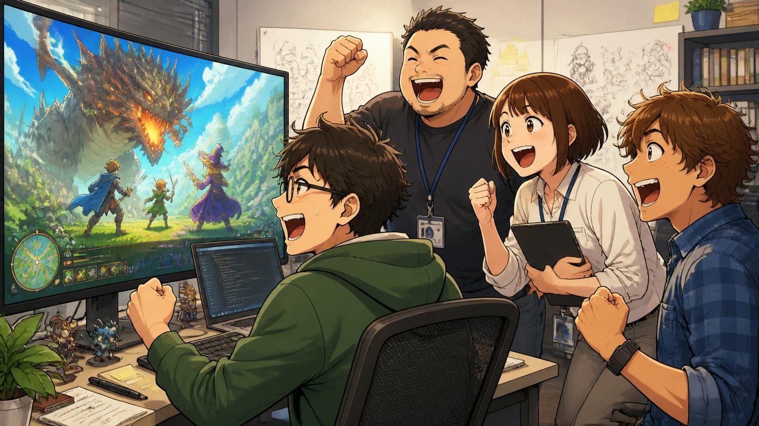 ゲーム業界で働く価値。ゲーム会社の開発現場で大型モニターを囲んで盛り上がるエンジニア4人