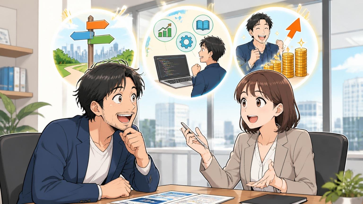 ITエンジニア経験者が無料相談で得られる3つのこと、転職エージェントのオフィスで相談する、30代男性1人と30代女性1人、明るい雰囲気