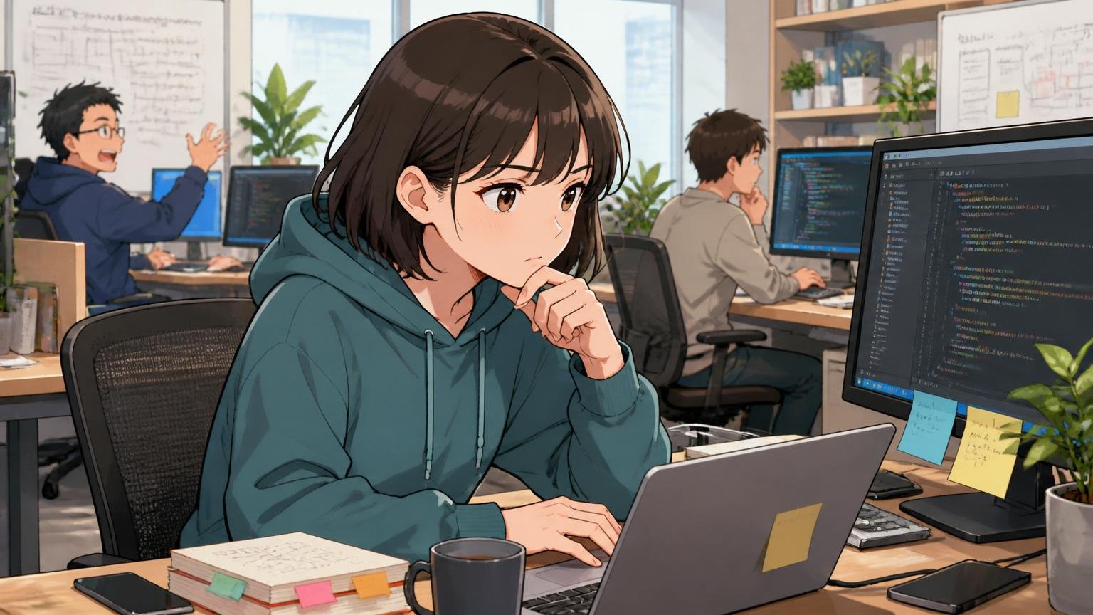 自社プロダクトに深く関わりたいエンジニア、Web系スタートアップのオフィスで開発に集中、20代女性1人、考え込む表情