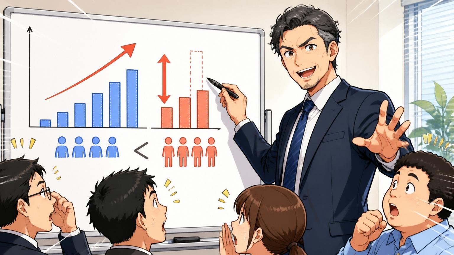 IT人材の需給ギャップを示すホワイトボード前で説明する40代男性アナリスト1名、自信に満ちた表情