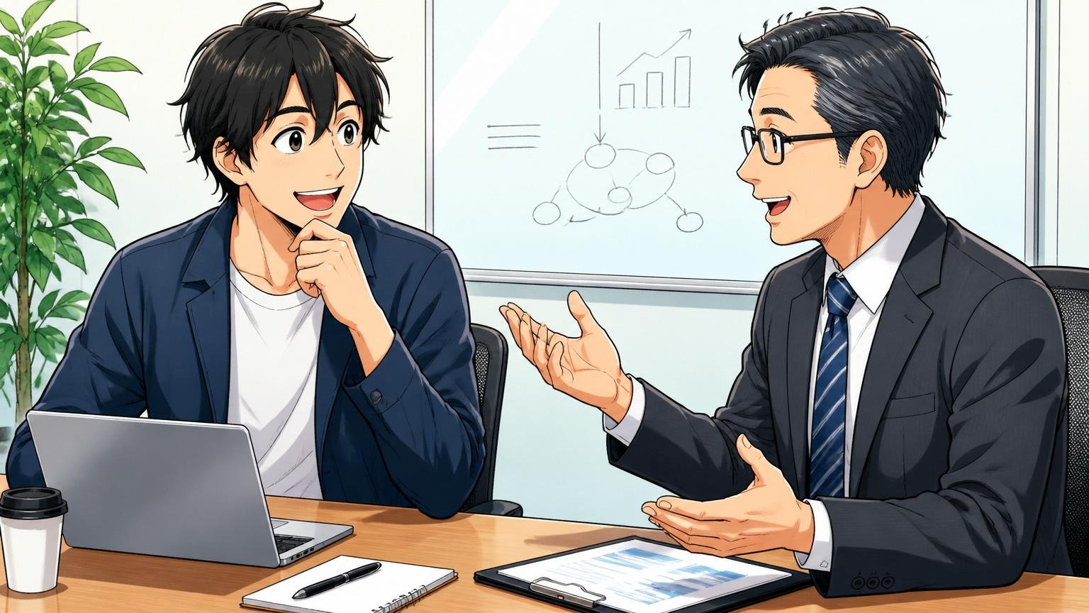 自分の市場価値を測る最短ルートはIT特化型転職エージェント。企業の会議室で30代男性エンジニアと40代男性キャリアアドバイザーの2人が、面談で和やかに話す表情
