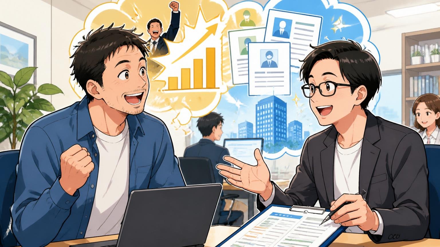経験者なら市場価値診断と複数オファー比較が転職の王道 IT特化型エージェントオフィスでアドバイザーと面談する中堅エンジニア2人、前向きな表情