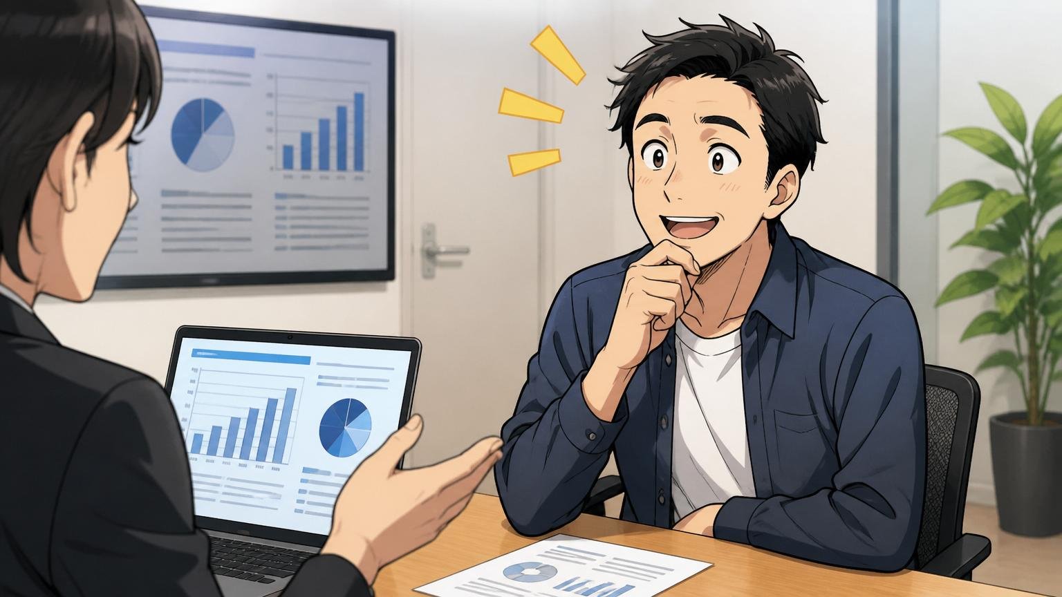 企業の面談ルームでIT特化型エージェントのキャリアアドバイザーから市場価値の説明を受けて納得した表情を見せる30代エンジニア1人