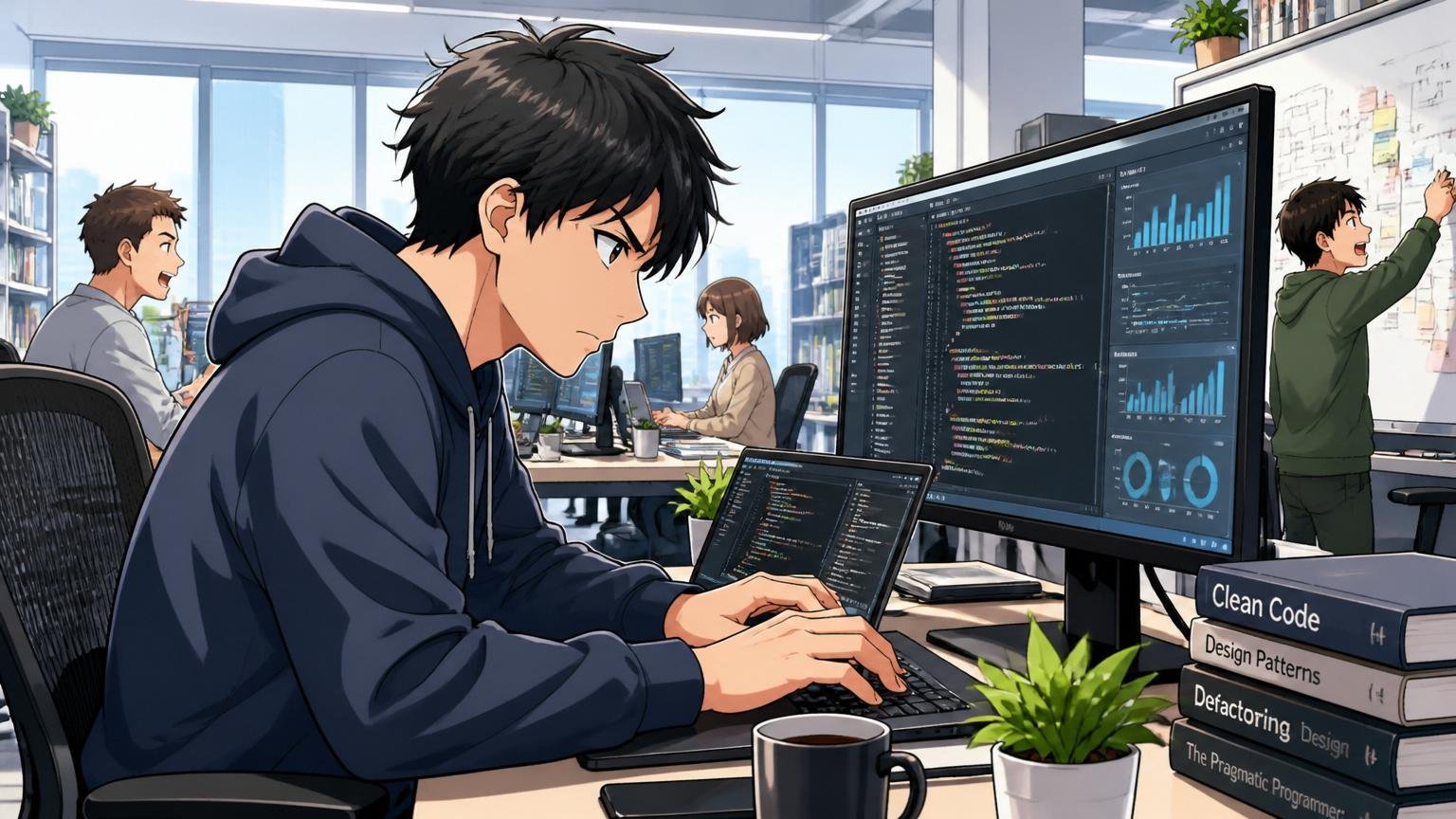 TKCに向いていない人の5つの特徴のシーンで、Web系スタートアップのオフィスで20代後半男性エンジニアがモダンな技術を駆使しながら集中して開発している