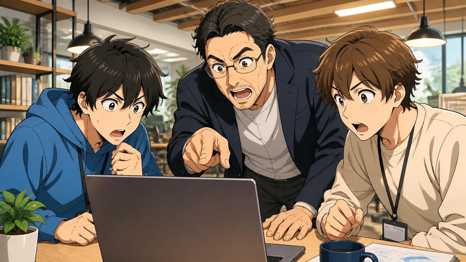 Web系SaaS企業のオープンスペースでCEOらしき経営層と若手エンジニア2人が画面を覗き込みながら議論する場面
