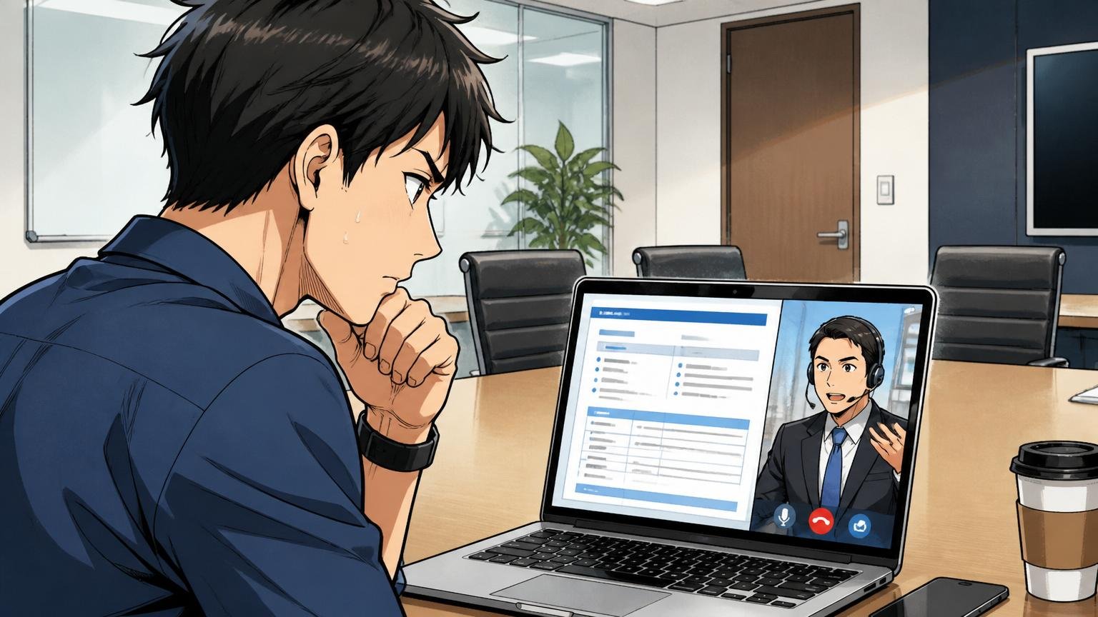 企業の会議室でエージェントとオンライン面談中の30代男性エンジニアがノートPCに映る求人票を真剣に見る場面