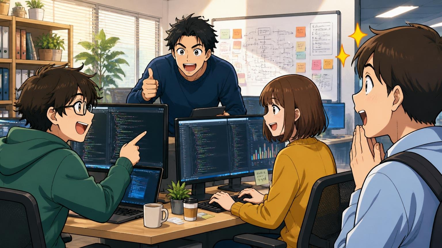 Web系スタートアップのオフィスでモダンな技術スタックを使うエンジニア3人と憧れる表情の見学者