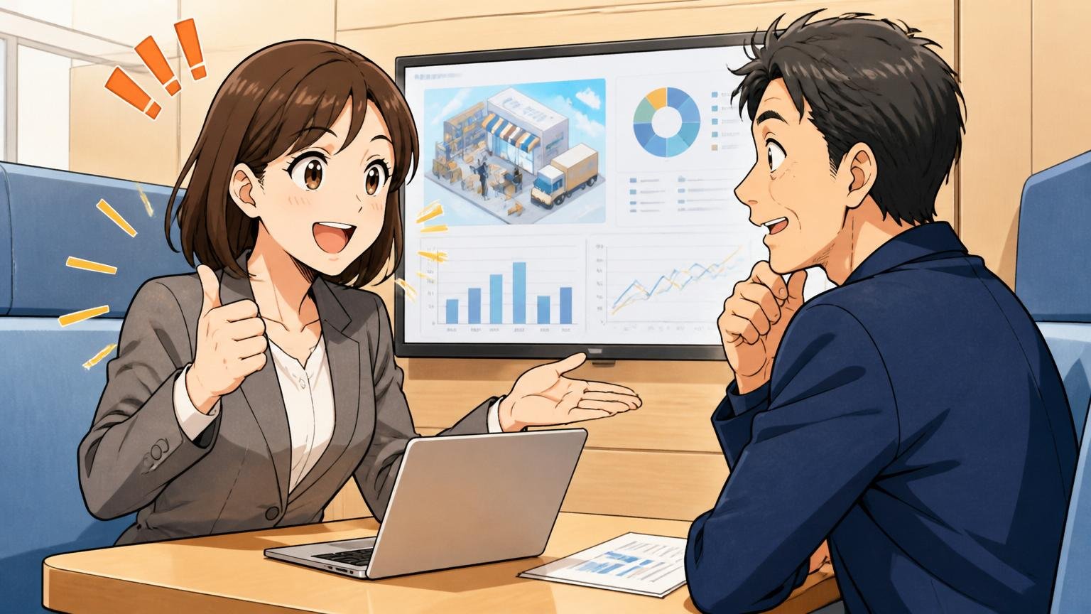 ITコンサルティング企業の面談ブースで流通ドメインの経験を高く評価する30代女性エージェント担当者1人と相談する40代男性エンジニア1人