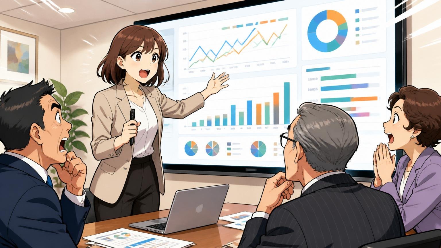 企業の会議室で30代女性データアナリストが大画面のダッシュボードを使って3人の経営層にプレゼン中