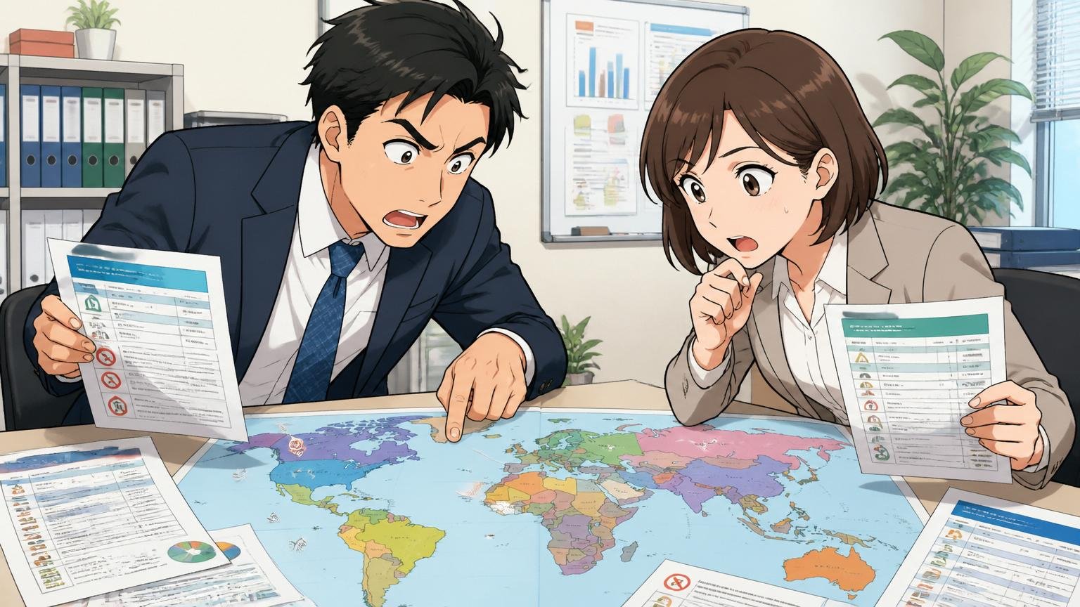 企業のオフィスで男女ビジネスパーソン2人が世界地図と各国の規制資料を見比べている