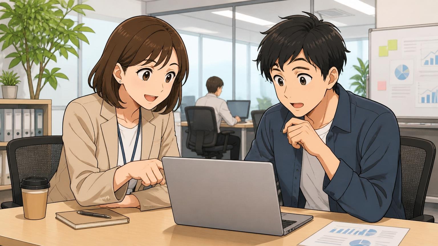 客観データと一次情報を組み合わせて見る、企業の会議室で30代女性人事と20代男性候補者がカジュアル面談でPCを見ながら質問する場面
