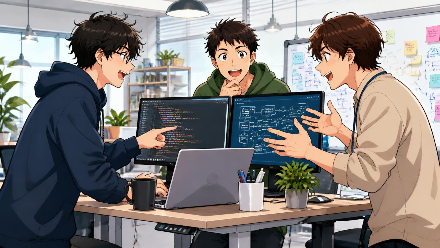 Web系スタートアップのモダンなオフィスでスタンディングデスクに向かいモダン技術の議論をする若手エンジニア3人