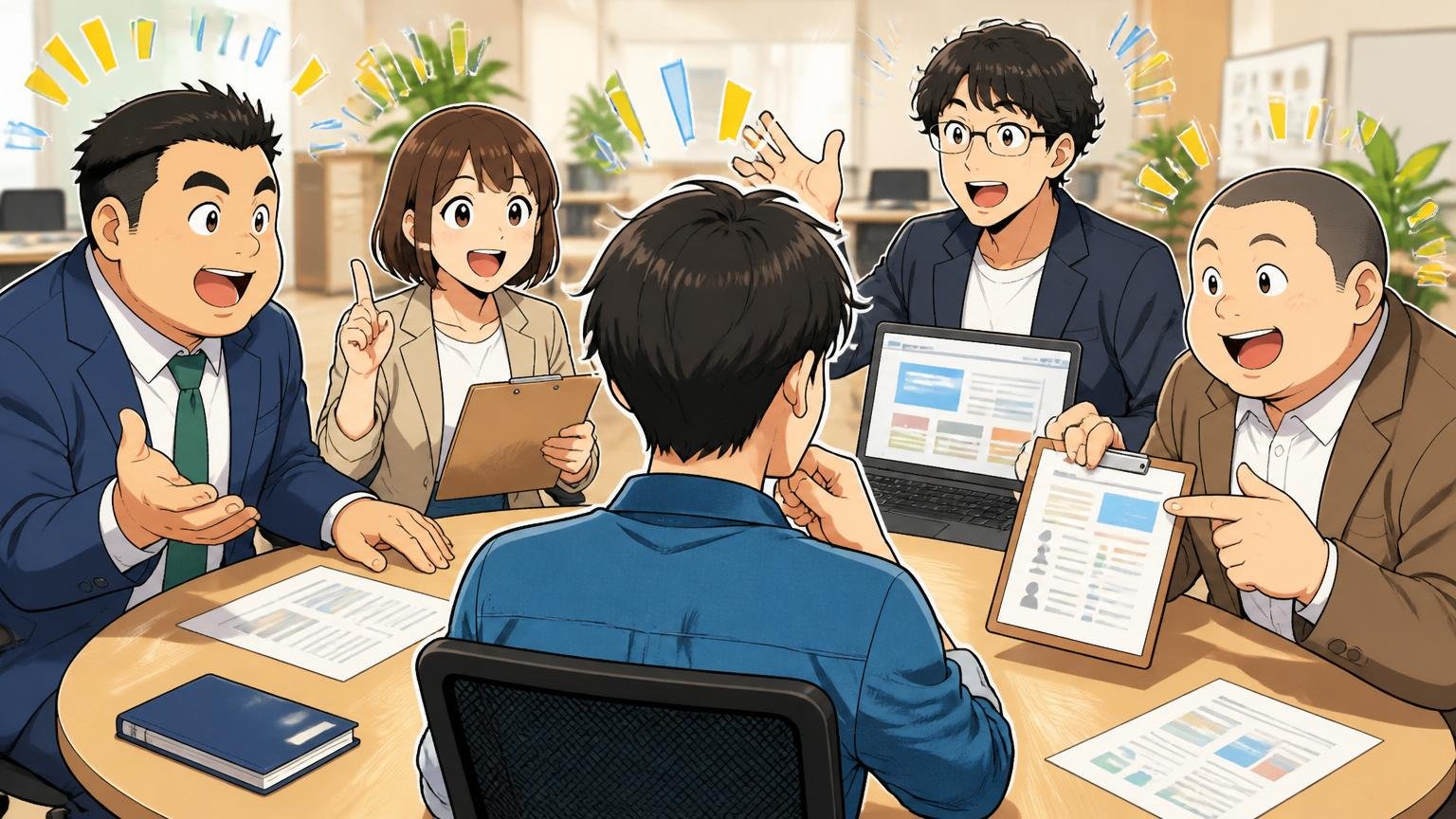 複数エージェントを併用すべき理由。Web系スタートアップのオフィスで転職希望者1人が複数エージェントの担当者に話を聞くシーン