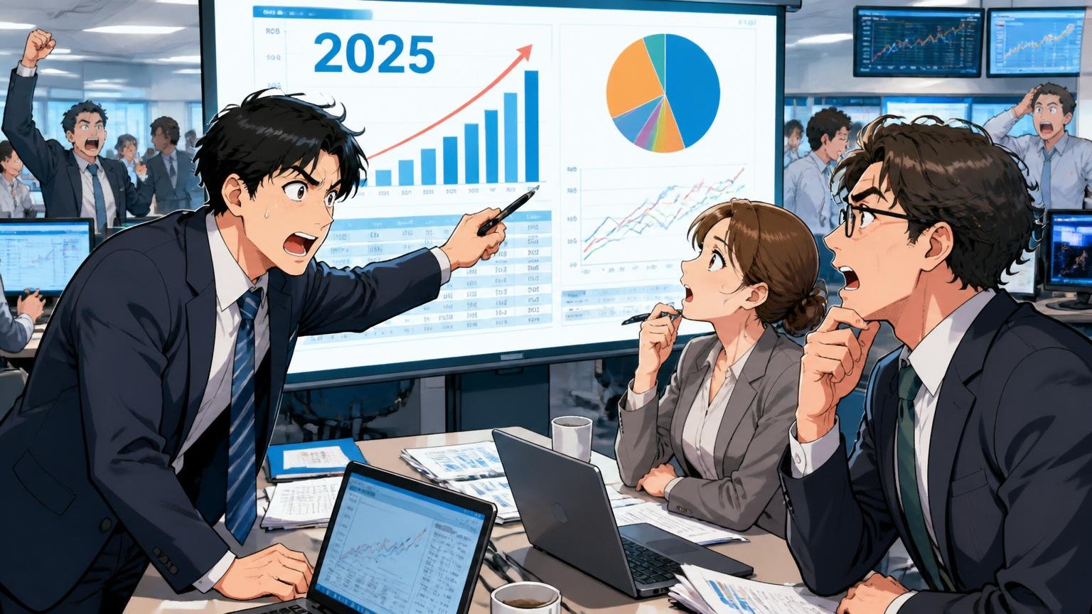 投資銀行のフロアで2025年予想数字をスクリーンに映し議論する30代男女アナリスト3人