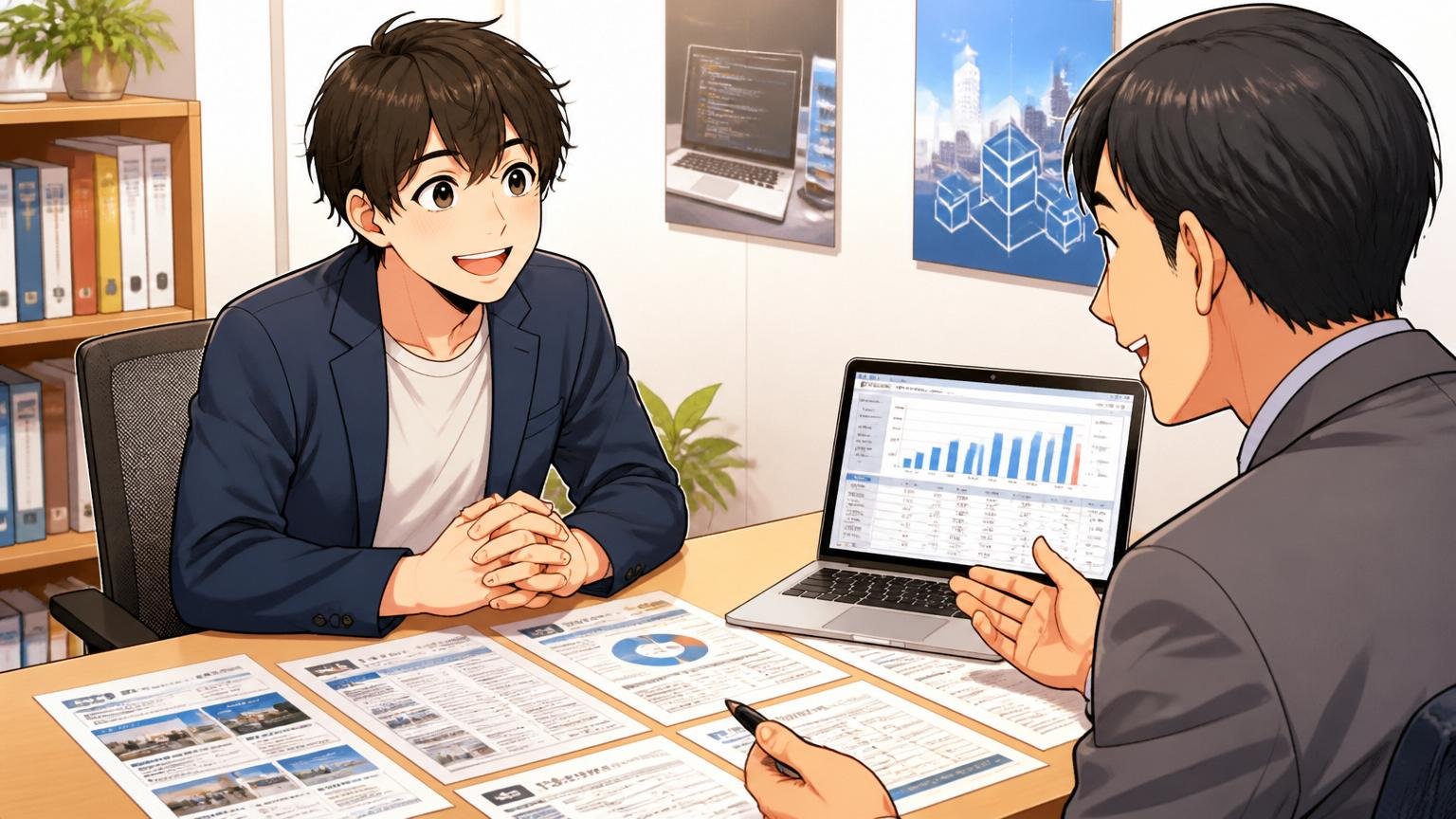 IT専門の転職エージェントオフィスでカウンセラーと向き合う30代男性エンジニア、和やかな表情、机に複数の求人資料と年収シミュレーション結果。
