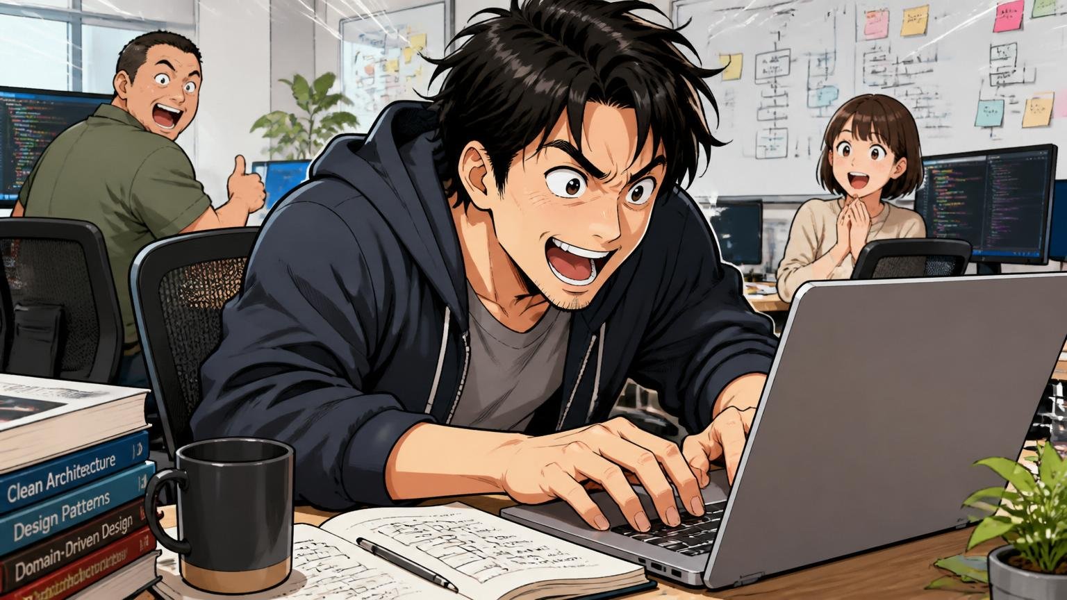 Web系スタートアップのオフィスで30代男性エンジニア1人が前のめりに新しい技術を試す熱意ある表情