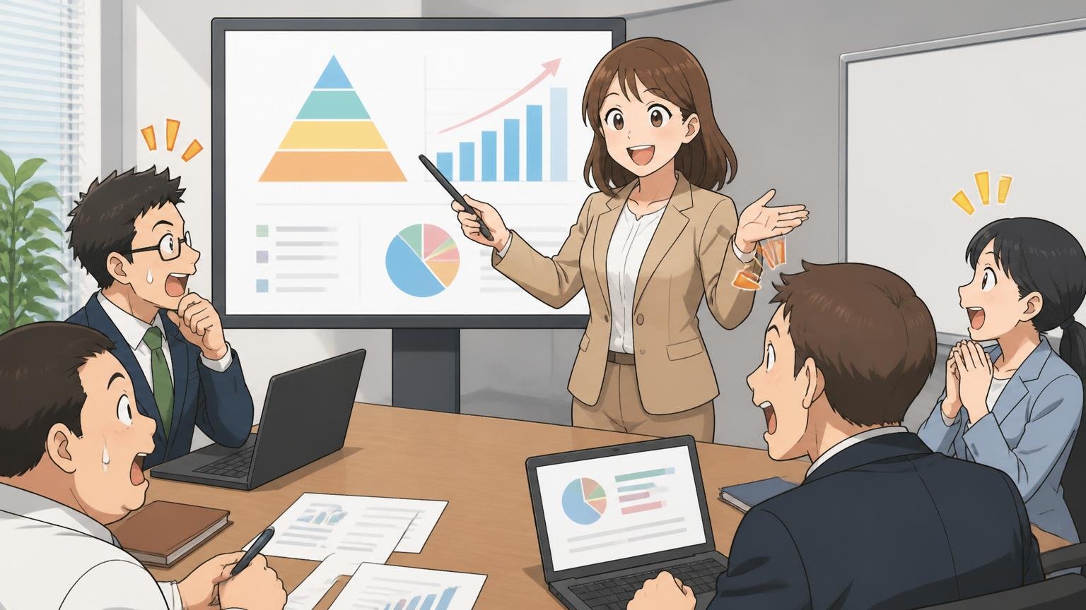 会社固有の要因。企業の会議室で30代女性人事担当者が評価制度の資料を提示する