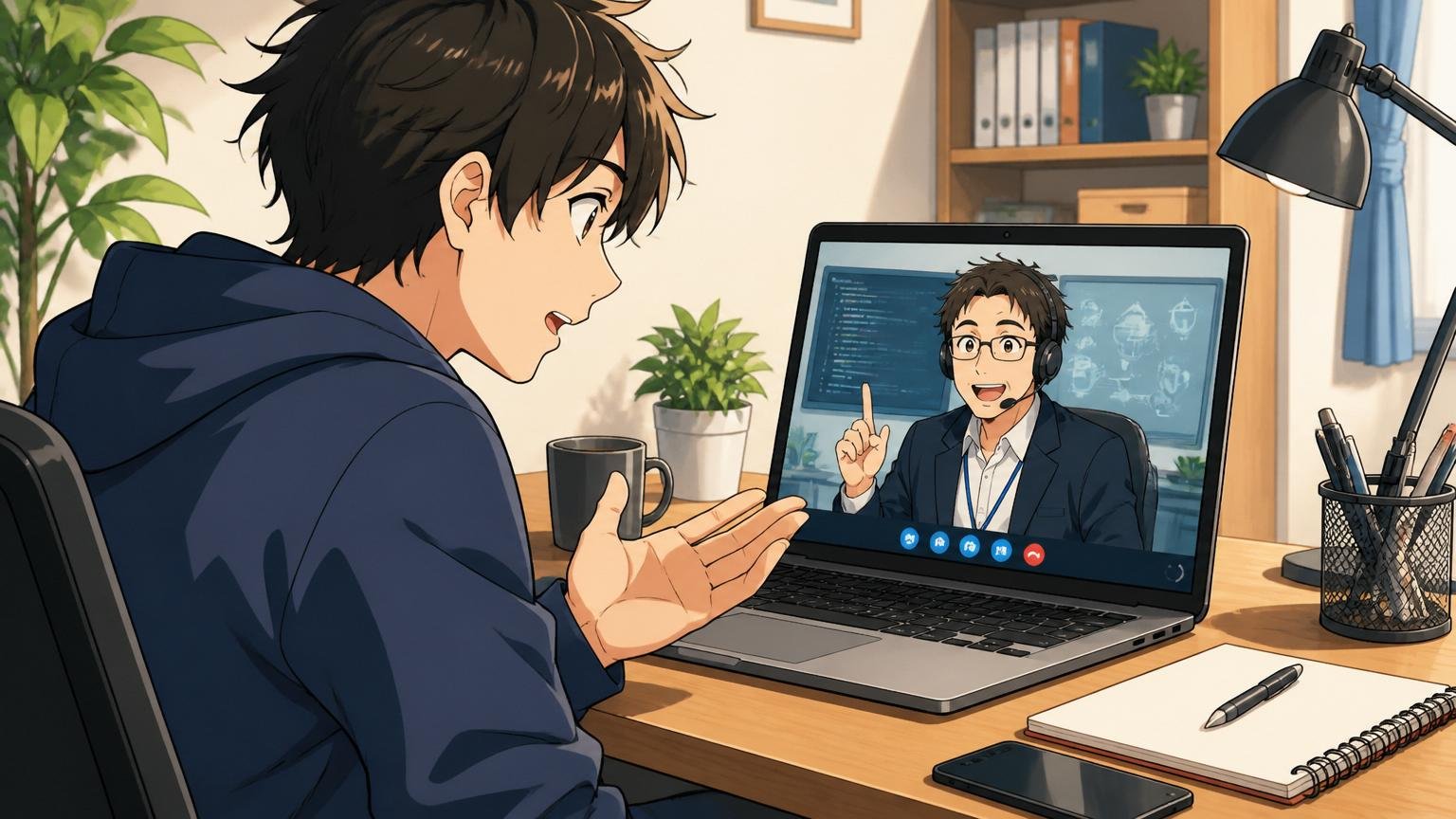 IT特化型エージェントとオンライン面談するエンジニア、自宅のデスクで在宅勤務、1人がノートPCのビデオ通話画面を見て真剣に話す表情