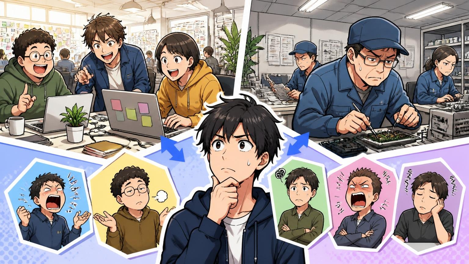 向いていない人の5つの特徴。Web系スタートアップのオープンスペースで自由な雰囲気で開発するエンジニア3人と、組み込み専門企業との対比を考える転職検討者