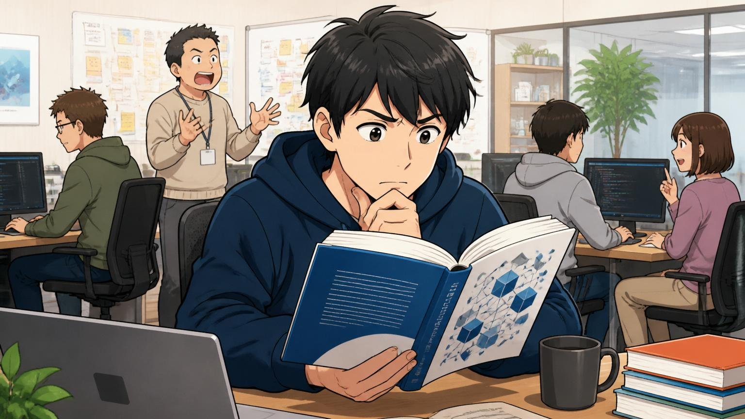 向いていない人の特徴 Web系スタートアップのオフィスで20代後半男性エンジニアが新しい技術書を眺める場面