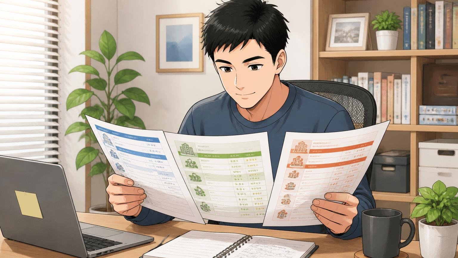 転職活動は「辞める前提」じゃなくていい。自宅のデスクで在宅勤務する1人のエンジニアが落ち着いた表情で複数のオファー比較資料を眺める