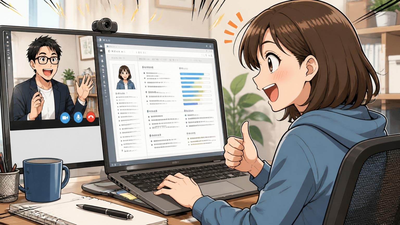 自宅のデスクで在宅勤務中の30代女性エンジニアが転職エージェントとオンライン面談しながらスキルシートを画面共有している