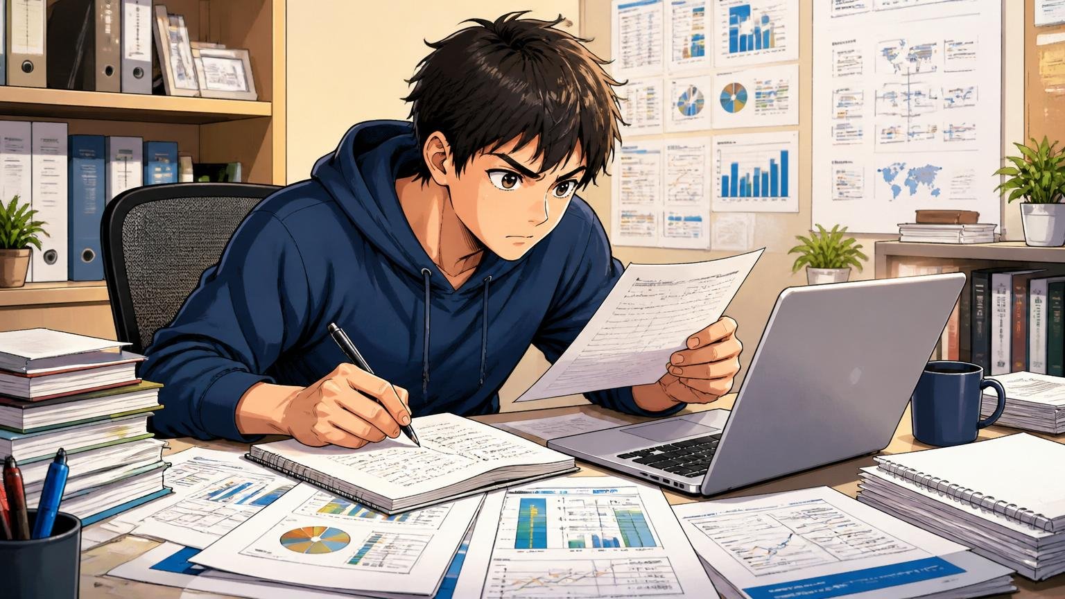 噂ではなく今の一次情報を集める。自宅のデスクで男性エンジニアが複数の資料とノートPCを広げ、真剣な表情で企業研究に集中している