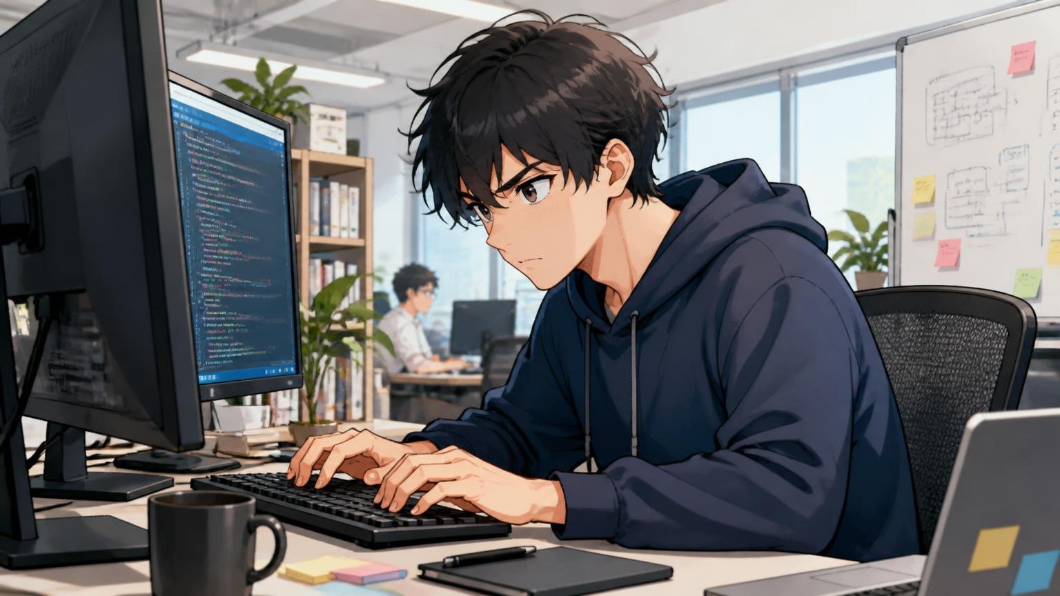 向いていない人のタイプ。Web系スタートアップのオフィスで20代男性エンジニアが1人意欲的にコードを書く