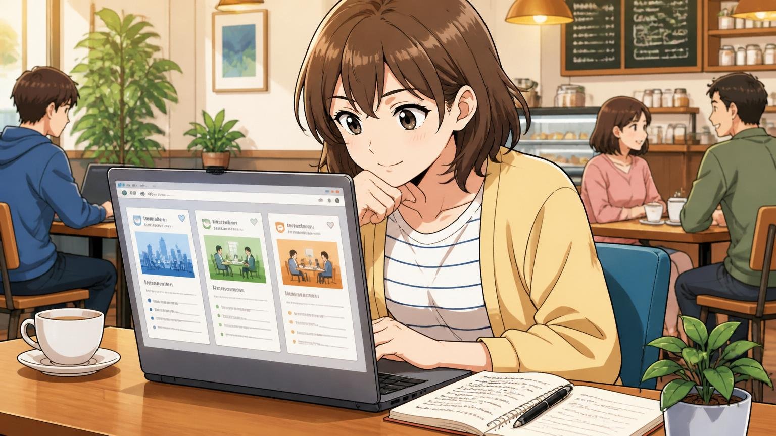 複数の求人を比較検討する転職者。カフェで女性1人がノートPCで複数の求人情報を並べて見比べている