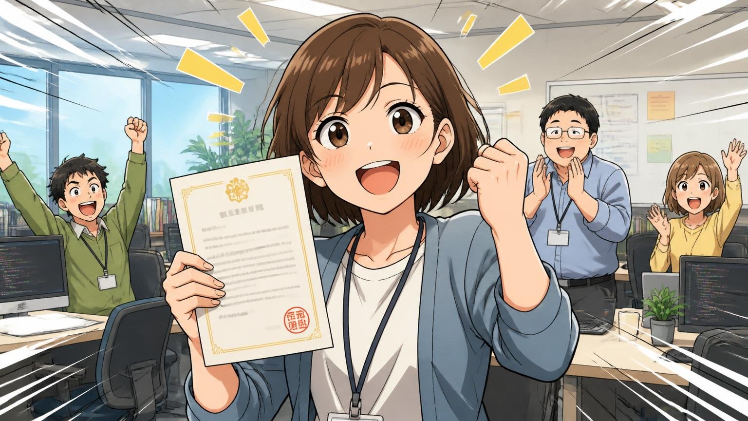 未経験から資格取得や成長ができた声|合格通知を手にガッツポーズする20代女性エンジニア、オフィスで笑顔