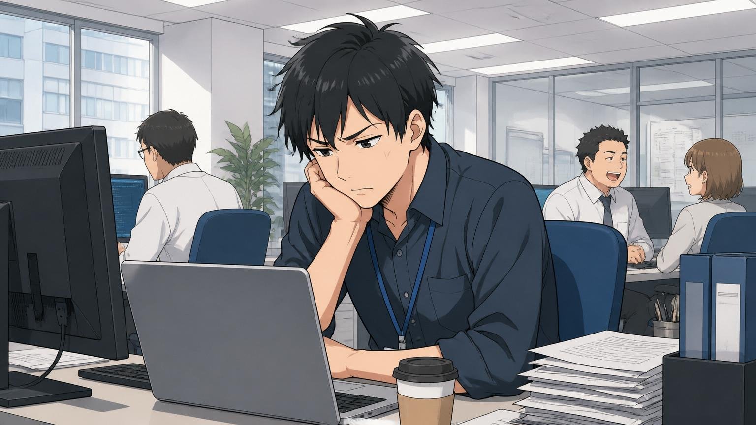 単調な作業に物足りなさを感じて考え込むエンジニア。客先のオフィスで浮かない表情で悩む様子