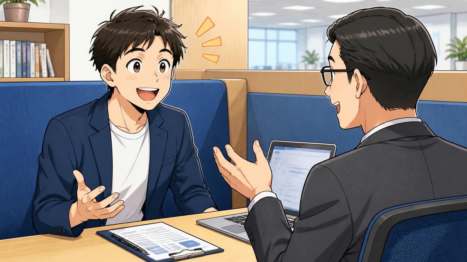 自社開発企業に強いIT特化型転職エージェント/面談ブースで笑顔で相談する男性とアドバイザー