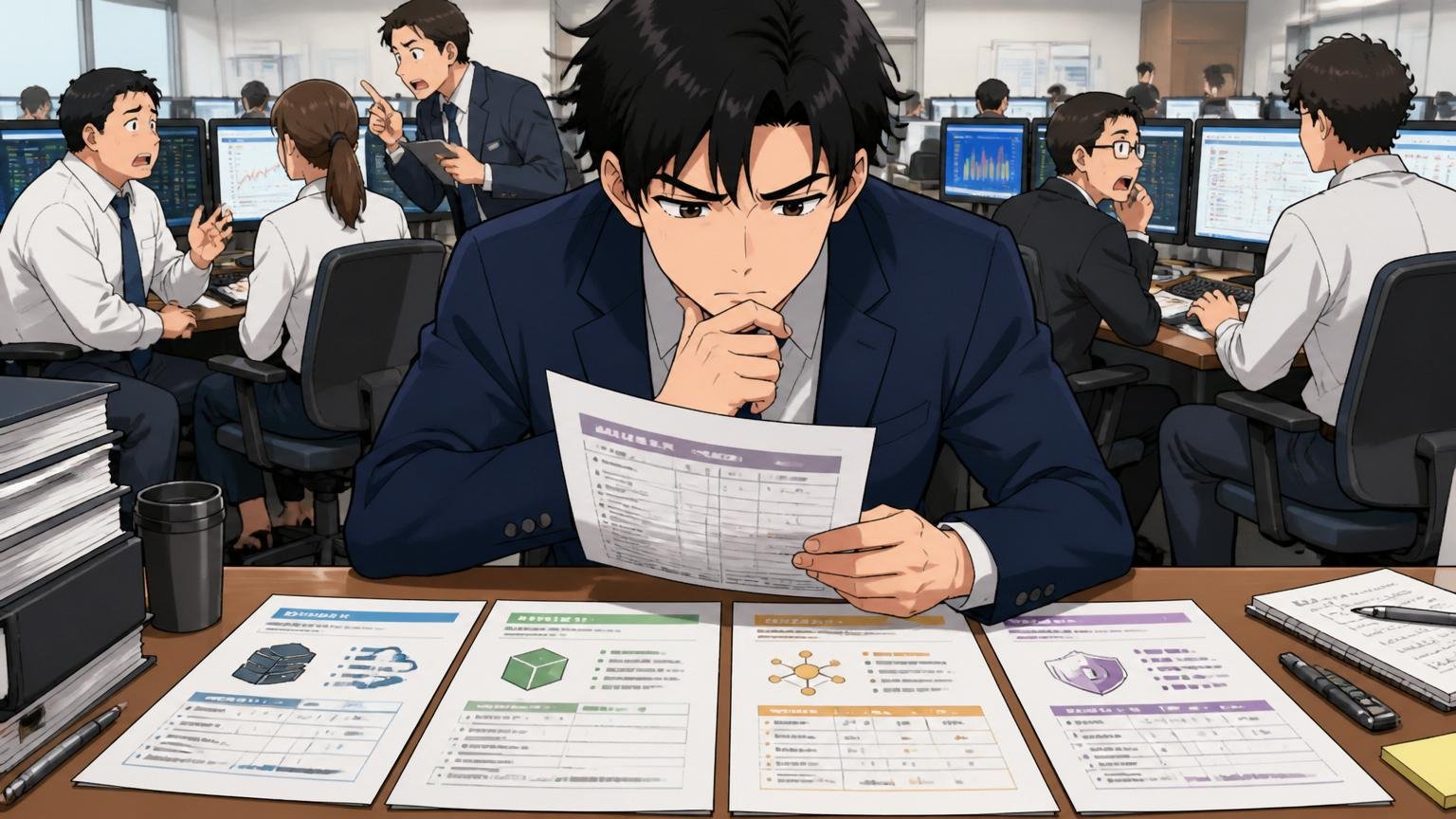 KDDIアイレット以外の選択肢を相対比較｜投資銀行のフロアで複数の求人資料を並べて比較検討する中堅エンジニア1名
