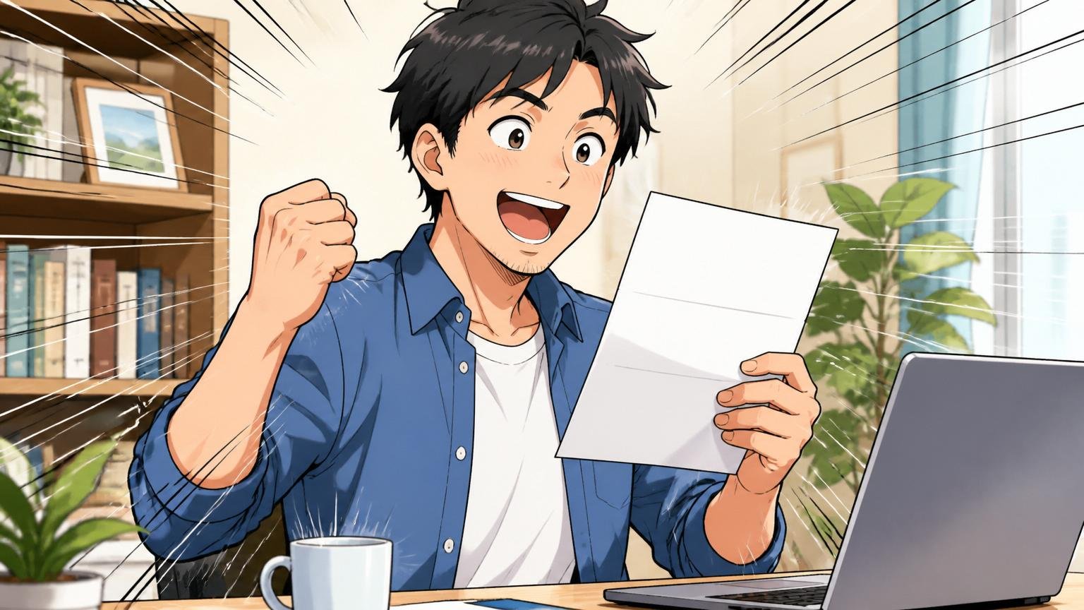 IT職種は転職で年収が上がりやすい。自宅のデスクで内定通知書を手に、満面の笑みでガッツポーズする30代男性