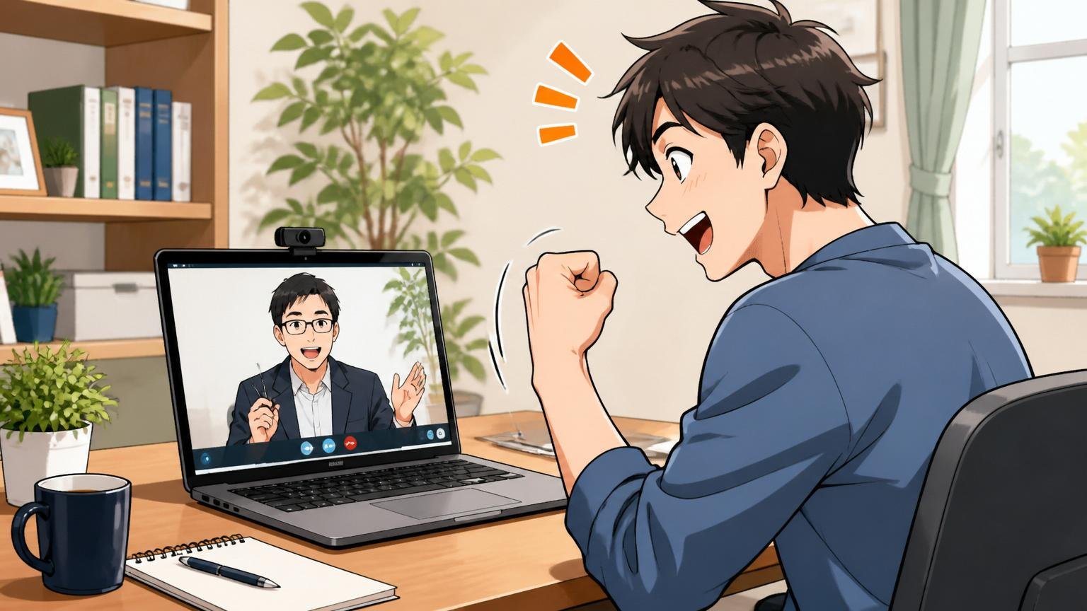 市場価値を無料で確かめる。自宅のデスクで30代男性がオンラインでキャリア相談を受け表情が明るくなる