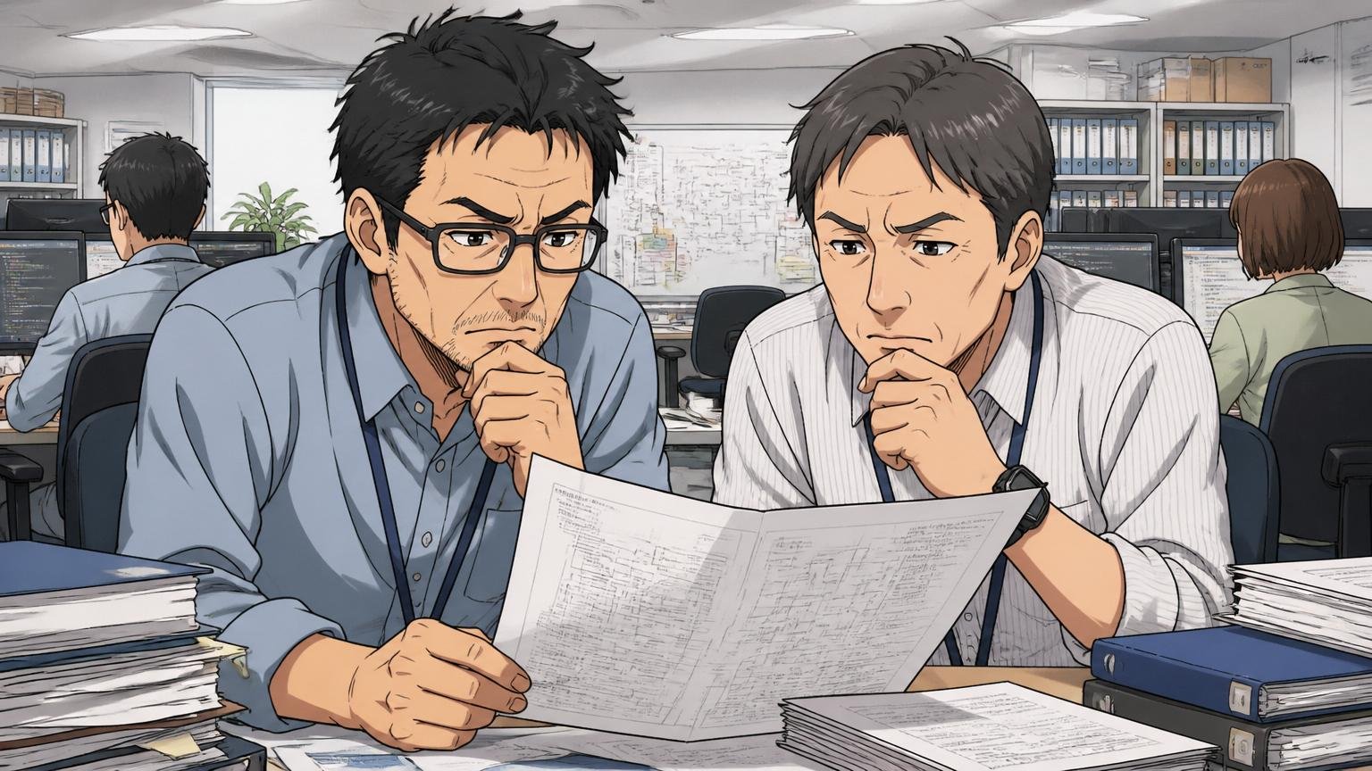 向いていない人の特徴を表すSIerの開発現場で長期保守の設計書を確認する落ち着いた40代エンジニア2名の様子