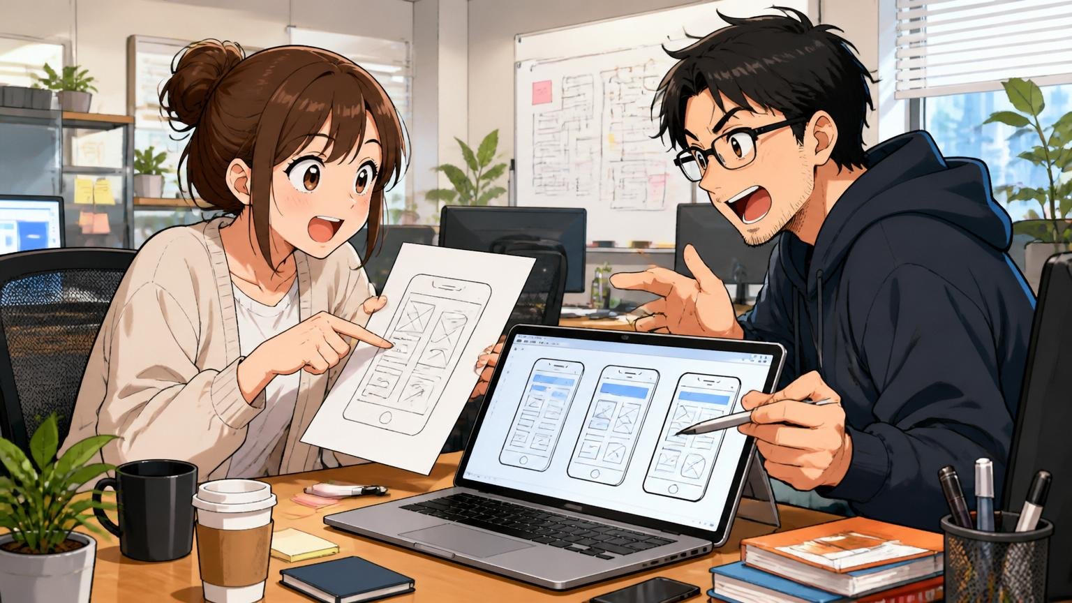 Web系スタートアップのオフィスで20代女性エンジニアと30代男性が新しいプロダクトのモックを議論する