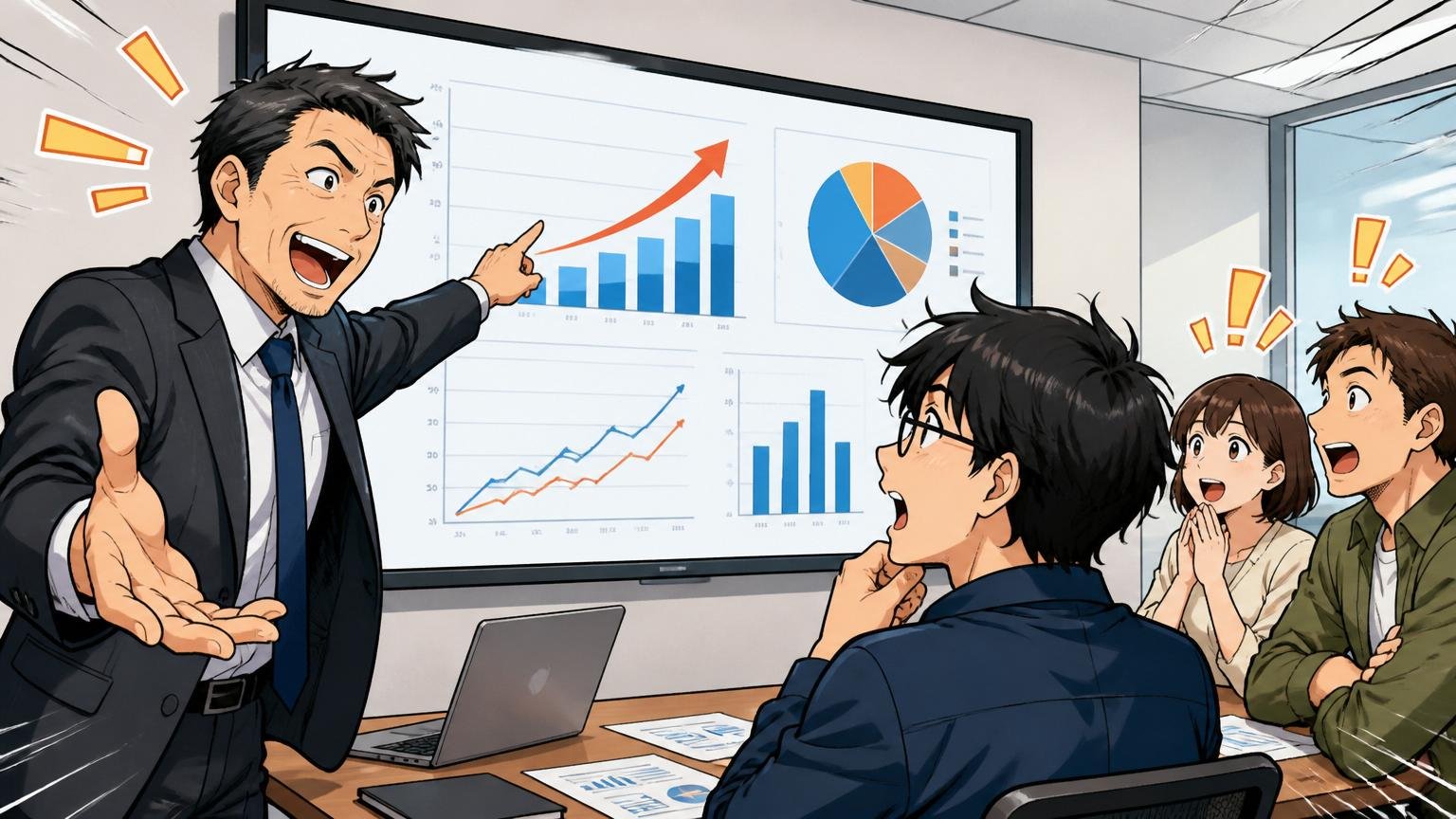 エンジニア経験者の市場価値が高まり続けている構造的背景/企業の会議室で40代男性が経済産業省データのスライドを若手エンジニアに見せる