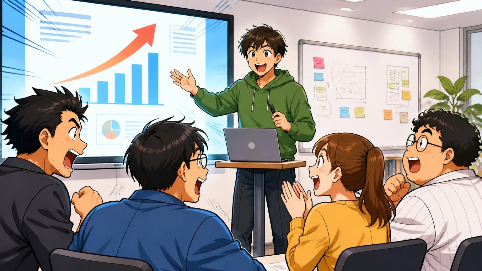 社内ピッチで新規事業を発表する、Web系スタートアップの社内イベントで若手エンジニア1人と聴衆4人