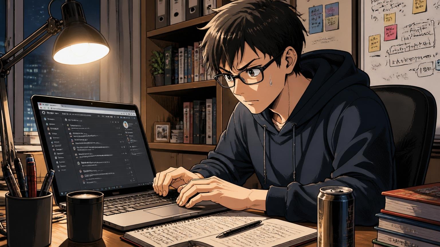 自宅のデスクでGitHubの画面を開きながら副業プロジェクトに取り組む30代男性社員、深夜のスタンドライトに照らされる