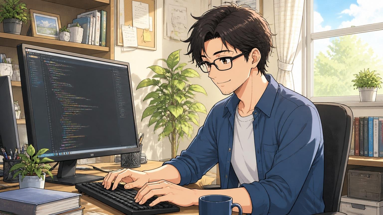 自宅のデスクで穏やかにコードを書く中堅男性エンジニアと窓越しの優しい光