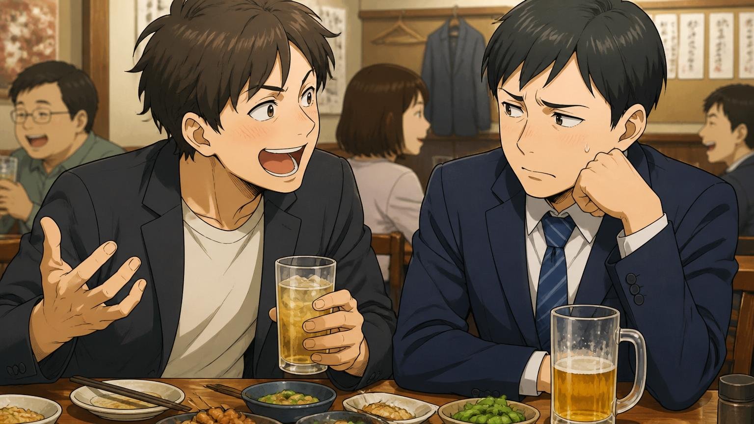 飲み屋で同期と再会して年収の話になり微妙な表情を浮かべるSIer勤務エンジニアと自社開発に転職した同僚の対比